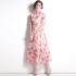 Real shot spot doll collar printed chiffon five quarter sleeve long dress with bellflower stem French 2023 new