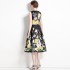 Real shot vintage waist cinching slimming sleeveless printed dress in stock, medium to long style