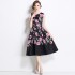 Real shot vintage waist cinching slimming sleeveless printed dress in stock, medium to long style