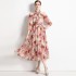 Real time stock long sleeved vacation style big swing chiffon printed big swing dress