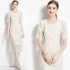 Real time spot French waist cinched white lace dress, slimming and embroidered mid length skirt