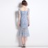 Real shot spot 2022 summer square collar pleated bubble sleeve fish tail skirt long mesh floral dress