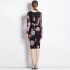 Real time stock long sleeved bag hip slit mid length skirt French slim fit square neck printed skirt dress