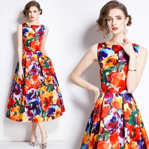 Real time stock sleeveless high waisted dress with three-dimensional cutting and waist cinching A-line skirt