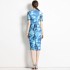 Real time spot niche printed short sleeved dress for women's mid to long length, slim fit, hip hugging skirt