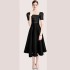 Real time spot French Hepburn style temperament solid color waist slimming big hem square collar dress