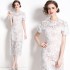 Real shooting of niche short sleeves, heavy-duty bubble sleeves, lace hollow out mid length skirts, slim fit women's dresses in stock