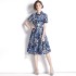 Real time spot European station shirt skirt blue print slimming dress with belt included