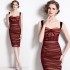 Real shot spot velvet spliced mesh suspender skirt with fishbone folds, slimming dress