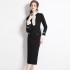 French Hepburn style contrasting color patchwork petal collar dress slim fit black mid length skirt