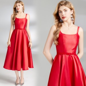 Real shot spot Hepburn style waist cinching slimming camisole dress for women's new slim fit with belt included