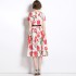 Real shooting spot 2023 new printed pattern round neck retro mid waist short sleeved waist dress