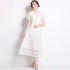 Real time spot French style elegant water-soluble lace dress short sleeved doll collar tied waist mid length skirt