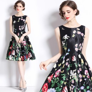 Real time spot new summer slim and fragrant style sleeveless printed waist cinched sleeveless dress