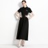 Real shot in stock Roman cotton lapel spliced black dress, light mature style French waist cinched long skirt for children