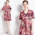 Real time spot new ink painting animal jungle pattern waist cinching slimming short sleeved dress