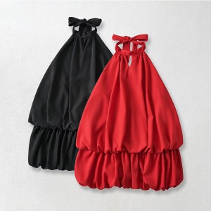 AliExpress Wholesale Women's Summer New Style Hanging Neck Lantern Skirt Design Sweet Solid Color Sexy Flower Bud Dress