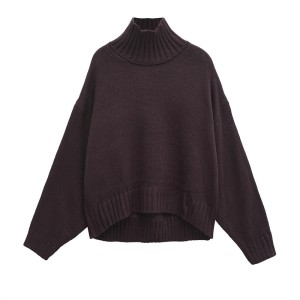 Foreign Trade 2024 Autumn New European and American Style Women's Fashion Loose Long Sleeve High Collar Dark Brown Sweater 1177599