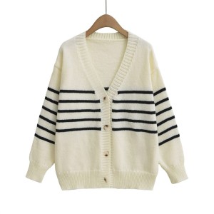 Foreign trade 2024 autumn new European and American style women's fashion casual V-neck long sleeved striped decoration knitted top jacket