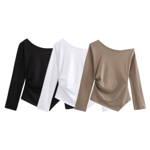 Foreign Trade 2024 Autumn New European and American Style Women's Fashion Temperament Folded Decoration Asymmetric Slant Neck Off Shoulder Top