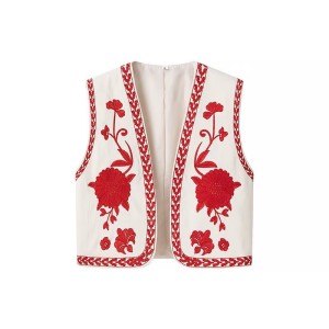 Foreign trade 2024 autumn new European and American style women's clothing fashion casual half open collar sleeveless embroidery short cardigan vest