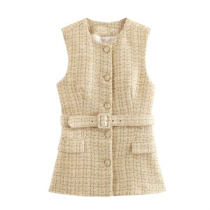 Foreign Trade 2024 Autumn New Vest Commuter Versatile Hand Hook Knitted Round Neck One Row Buckle 9208956