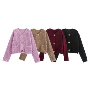 Foreign trade 2024 autumn new European and American style women's clothing fashion temperament round neck short metal button decoration knitted jacket