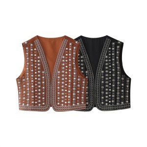 Foreign trade 2024 autumn new European and American style women's clothing fashion temperament street sleeveless V-neck bead embellished embroidered vest