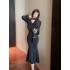 Real time spot autumn outfit new French waist cinched Hepburn style small black dress temperament V-neck socialite gentle dress for women