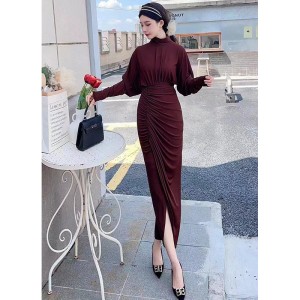 Real shot in stock 2024 autumn and winter bat sleeves, high waist, hip hugging, sexy slit dress, slimming temperament, long skirt for women