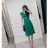 Real shot spot summer fashionable and stylish V-neck high waist slimming mid to long style large swing A-line skirt satin dress for women