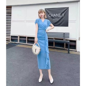 Real time spot European high-end temperament women's dress summer new sexy hip bag ruffled V-neck long dress