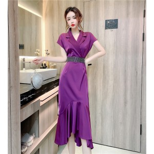 Real time spot summer high-end fashion dress, mid length slim fit temperament satin fishtail dress for women