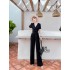 Real time spot high-end style imperial sister style suit with lapel and lace patchwork top, exuding a slimming and wide leg long pants set