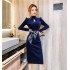 Real time spot autumn and winter women's clothing temperament socialite long sleeved slim fit lace up bow stylish sparkling dress