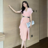 Real shooting spot 2024 summer new style temperament V-neck ruffle edge design medium long slit small black dress dress