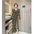 Real time spot autumn and winter women's fashion temperament V-neck long sleeved slim fit and slimming pleated drawstring slit dress for women