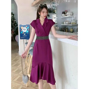 Real time spot summer high-end fashion dress, mid length slim fit temperament satin fishtail dress for women