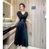 Real shot spot summer stylish V-neck high waist slimming mid length large swing A-line skirt satin dress for women