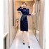 Real time spot autumn and winter women's clothing temperament socialite long sleeved slim fit lace up bow stylish sparkling dress