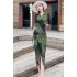 Real shot spot summer stylish and feminine V-neck mid sleeve slim fit printed bag buttocks elegant dress