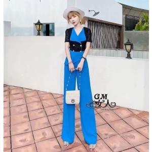 Real time spot high-end style imperial sister style suit with lapel and lace patchwork top, exuding a slimming and wide leg long pants set