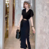 Real shooting spot 2024 summer new style temperament V-neck ruffle edge design medium long slit small black dress dress