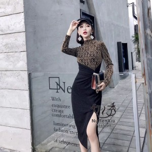 Real time spot autumn clothing, socialite temperament, irregular dress, retro long sleeved contrasting color split hip long skirt, children's skirt