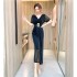 Real time spot summer style high-end V-neck women's fashion temperament elegant long skirt dress irregular dress