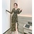 Real time spot autumn and winter women's fashion temperament V-neck long sleeved slim fit and slimming pleated drawstring slit dress for women