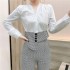 Real time spot autumn and winter goddess style set, fashionable houndstooth patchwork shirt, slim fit pants, temperament two-piece set