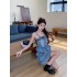 Real shooting spot 2024 summer new sexy spicy girl suspender denim dress looks slim and fluffy cake skirt for children