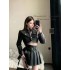 Real shooting spot American spicy girl retro PU leather short jacket top high waist slimming pleated skirt two-piece set for women