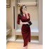 Spot V-neck expensive lady's stylish and sexy dress, autumn women's elastic retro slim fit and slimming bottom skirt